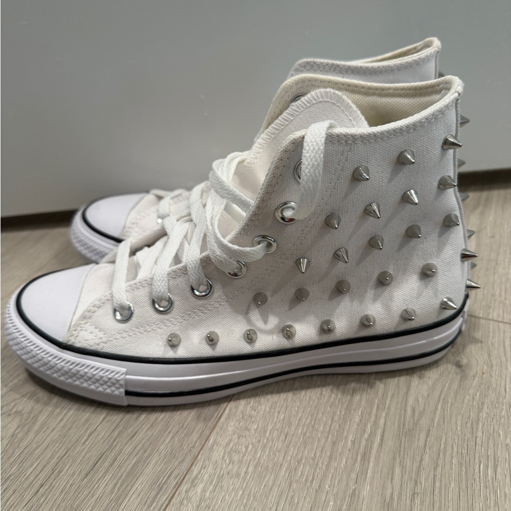 Converse White High-Tops with Silver Spikes - Picture 3 of 6